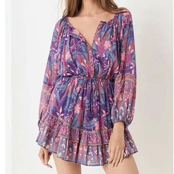 Bohemian Gypsy Purple Floral Print Mini Ruffle dress - Picture 7 of 16